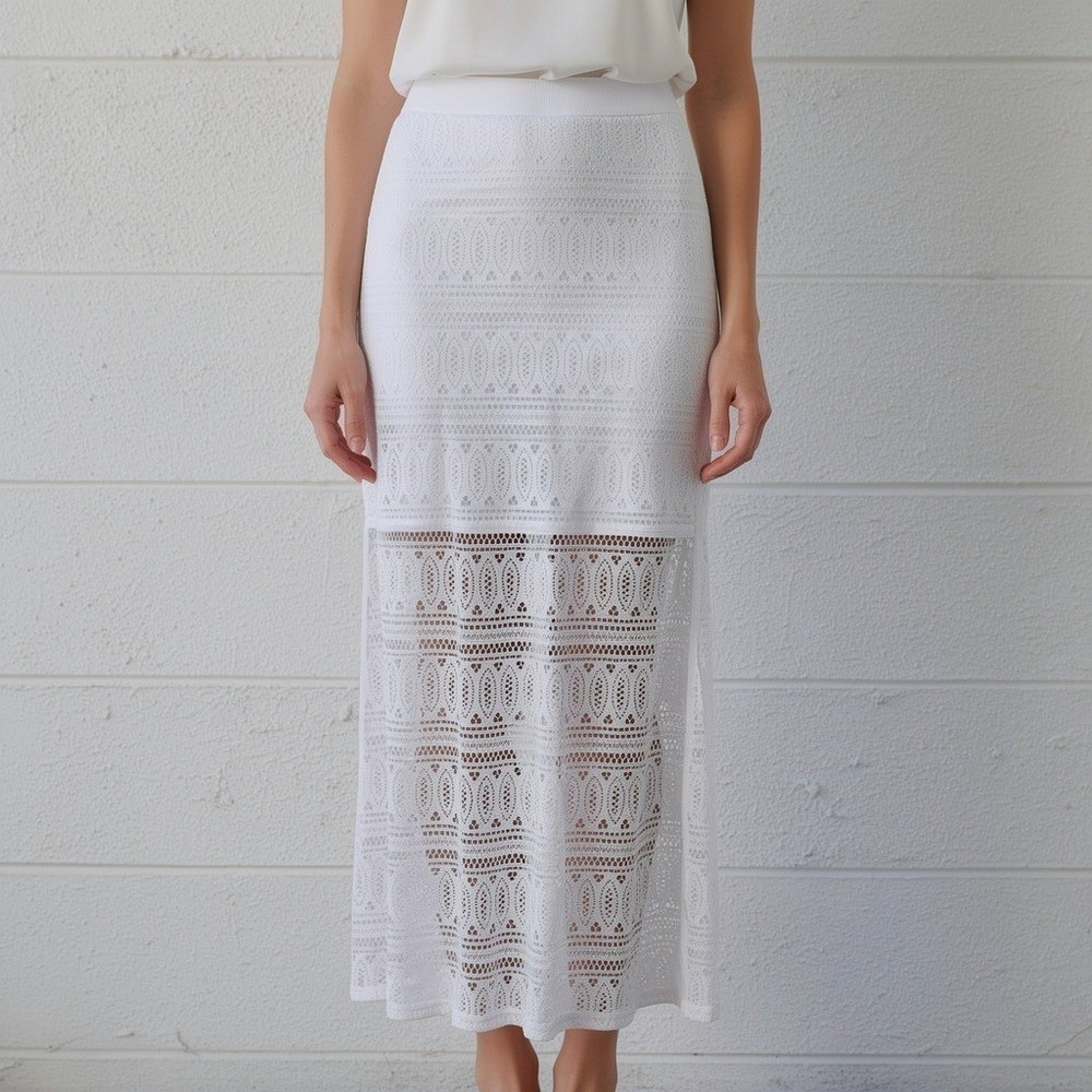 Cache White Crochet Lace Maxi Skirt Elastic Waist Boho Summer Festival Womens M